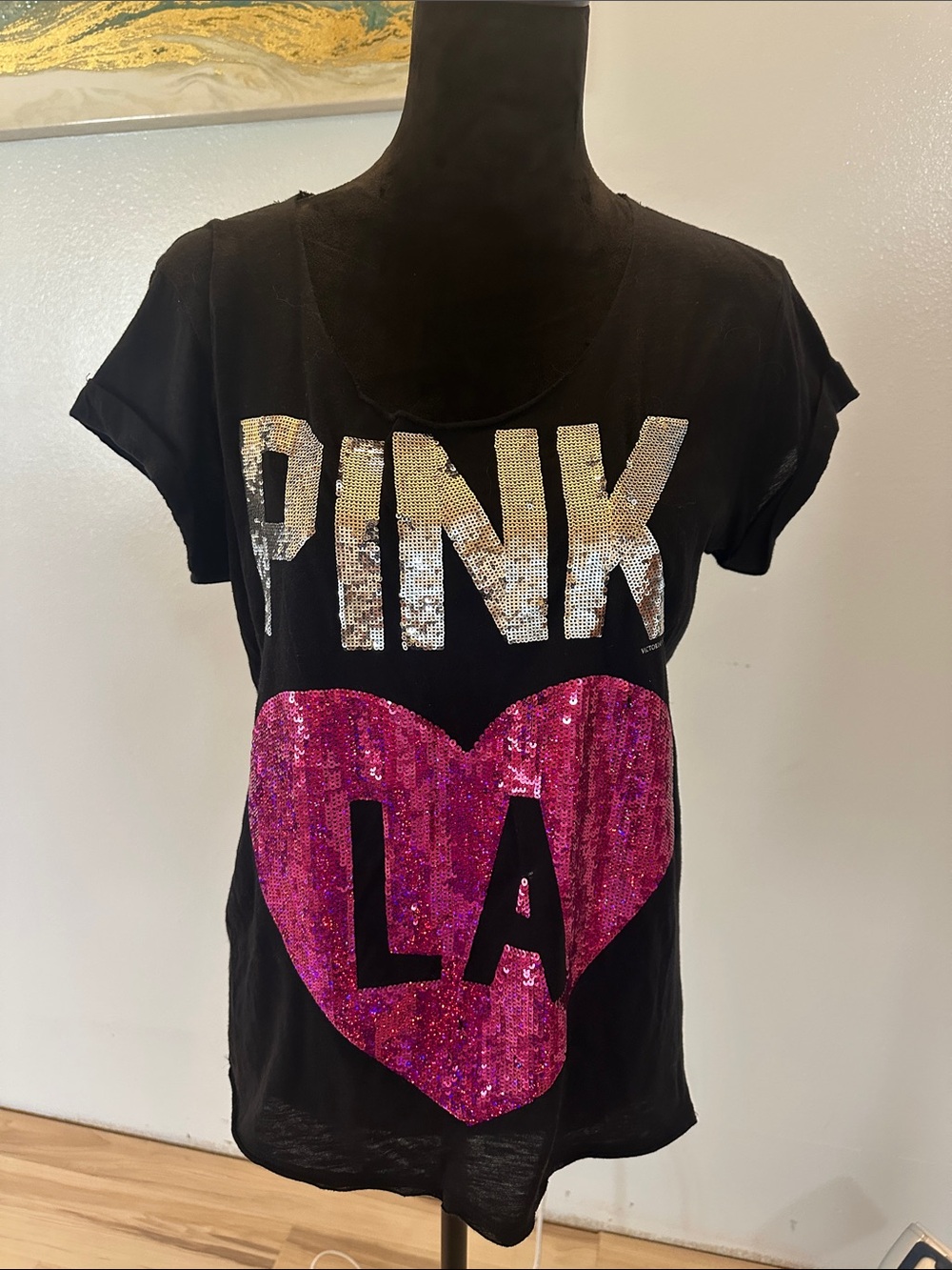 PINK Victoria's Secret Black Tee with Silver Sequin Logo and Pink Sequin Heart